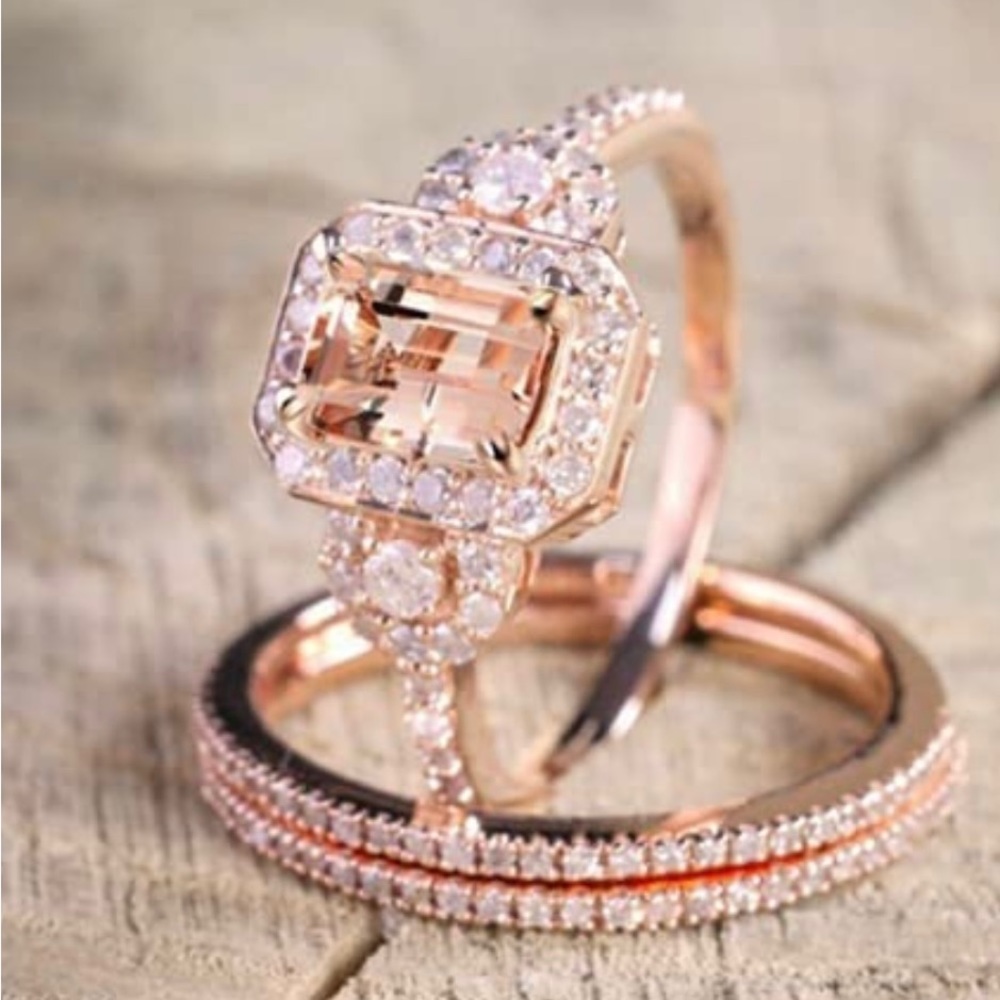 18k Women Rose Gold Filled Morganite Sparkling Rings Set Gorgeous